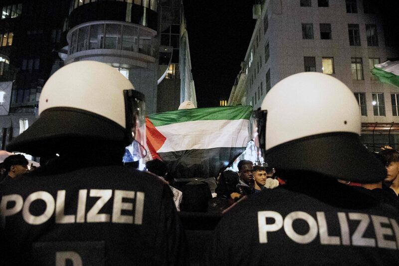 Police officers on duty during a pro-Palestinian rally in Vienna, Austria. AFP