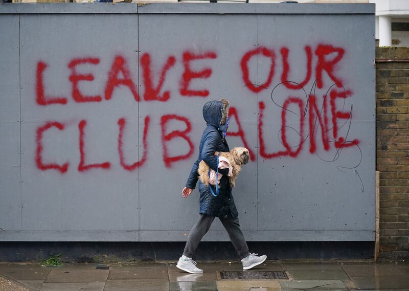 Graffiti in support of the football club near Stamford Bridge in London, the home ground of Chelsea FC. The club's owner owner Roman Abramovich was sanctioned by the UK government on Thursday. PA