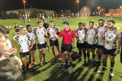 Dubai, United Arab Emirates, November 3, 2017:     Members of the Abu Dhabi Harlequins gather after defeating the Dubai Exiles during their West Asia Clubs Champions league regular season rugby match at Zayed Sports City in Dubai on November 3, 2017. Christopher Pike / The National

Reporter: Paul Radley
Section: Sport