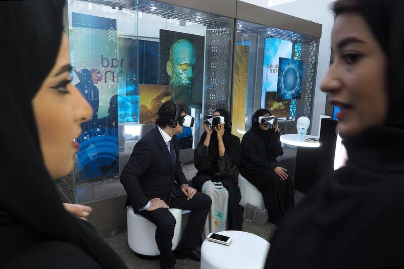 <a href="http://www.thenational.ae/uae/government/etihad-showcases-plans-to-transform-air-travel-experience#7">Etihad uses 3D</a> to take passengers virtually through economy class, business class, first class and The Residence on its craft as part of its showcase for its future plans at its Innovation Week in November. Delores Johnson / The National