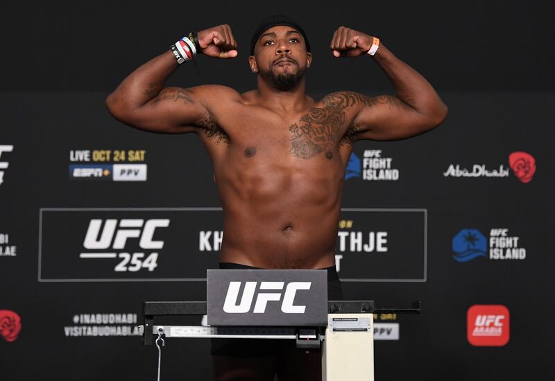 ABU DHABI, UNITED ARAB EMIRATES - OCTOBER 23: Walt Harris poses on the scale during the UFC 254 weigh-in on October 23, 2020 on UFC Fight Island, Abu Dhabi, United Arab Emirates. (Photo by Josh Hedges/Zuffa LLC)