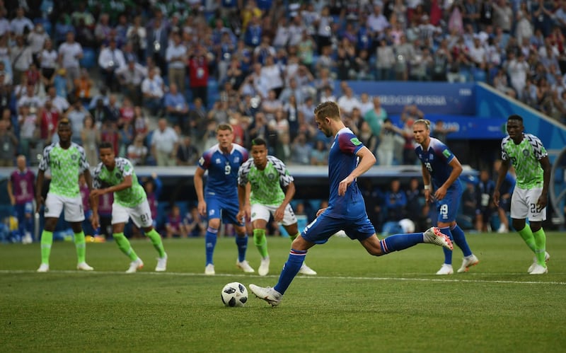 Iceland's  Gylfi Sigurdsson takes his penalty against Nigeria. Shaun Botterill / Getty Images