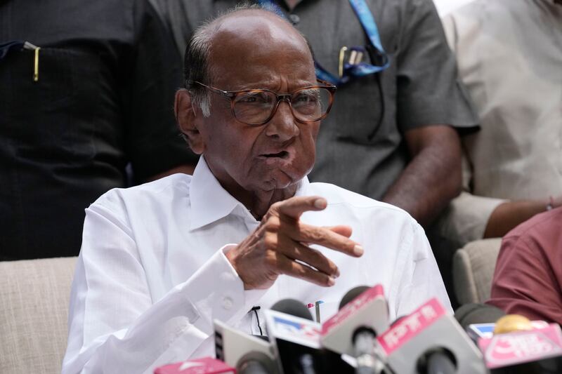 Nationalist Congress leader Sharad Pawar, whose party is part of the India National Developmental Inclusive Alliance (India), at a press conference in Mumbai as election results are calculated. AP Photo