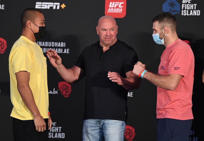 ABU DHABI, UNITED ARAB EMIRATES - OCTOBER 16: (L-R) Opponents Jun Yong Park of South Korea and John Phillips of Wales face off during the UFC Fight Night weigh-in on October 16, 2020 on UFC Fight Island, Abu Dhabi, United Arab Emirates. (Photo by Josh Hedges/Zuffa LLC)