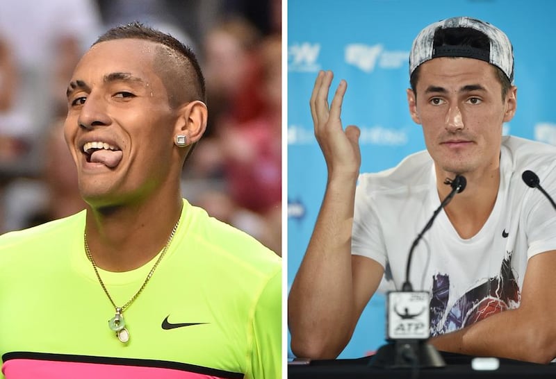 Nick Kyrgios, right, has returned serve at teammate Bernard Tomic after he accused the maverick star of faking illness to avoid playing in Australia's Davis Cup tie against the United States on March 6, 2016. AFP / PAUL CROCK  /  PETER PARKS