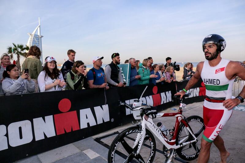Ahmed Al Fahim placed third in the UAE nationals category of the Ironman 70.3 race in Dubai on January 27, 2017. Victor Besa for The National