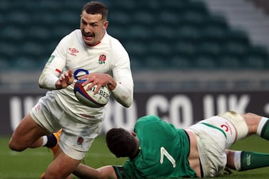 England's wing Jonny May scores their second try during the Autumn Nations Cup match against Ireland at Twickenham. AFP