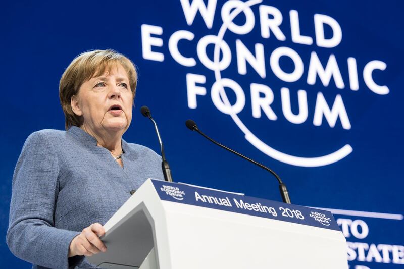 Angela Merkel, Chancellor of Germany, addresses a plenary session during the 48th Annual Meeting of the World Economic Forum in Davos. Laurent Gillieron / EPA
