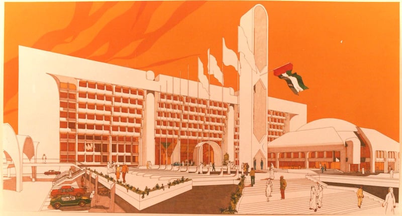 An entry to the competition for the Municipality and Town Planning Department, Abu Dhabi, 1979, external view. Shiber Consult (Kuwait), Wojciech Jarząbek, Edward Lach. Private archive of Edward Lach, Wrocław (Poland).