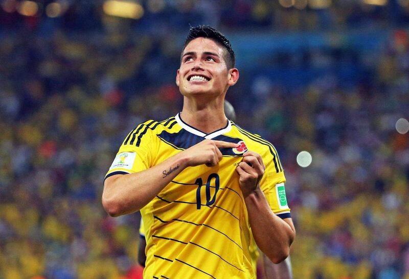 James Rodriguez celebrates scoring for Colombia against Uruguay oat trhe 2014 World Cup in Brazil. EPA 