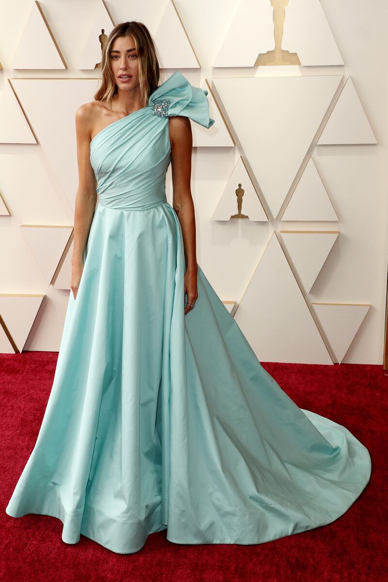 Jessica Serfaty, wearing baby blue Tony Ward. EPA