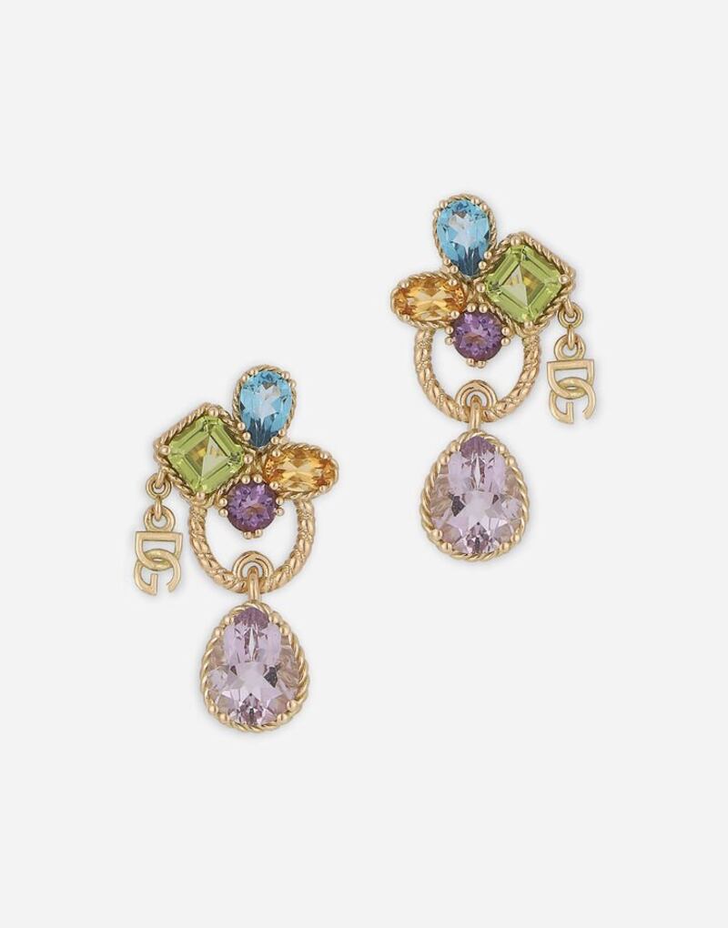 Yellow gold earrings with multicoloured gemstones, Dh12,202, Dolce & Gabbana. Photo: Dolce & Gabbana