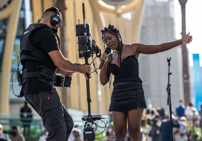 A performer at Jamaica national day celebrations at Al Wasl Dome, Expo 2020 Dubai. Victor Besa / The National