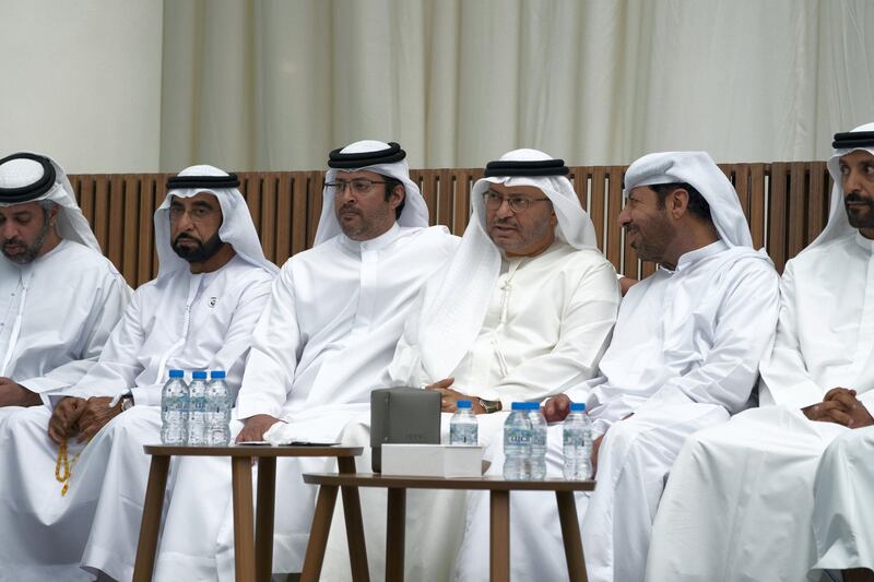 ABU DHABI, UNITED ARAB EMIRATES - October 02, 2019: HE Dr Anwar bin Mohamed Gargash, UAE Minister of State for Foreign Affairs (4th L) and other guests attend condolences on the passing of the late Suhail bin Mubarak Al Ketbi, at Al Mushrif Palace.

( Rashed Al Mansoori / Ministry of Presidential Affairs )
---