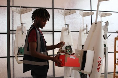 29 August 2018, Rwanda, Muhanga: An employee of the Silicon Valley company Zipline is preparing a drone that will fly life-saving blood supplies to a remote clinic in East African Rwanda. (to dpa "From Morocco to Malawi: how drones bring innovation to Africa" of 12.10.2018) Photo: Kristin Palitza/dpa (Photo by Kristin Palitza/picture alliance via Getty Images)