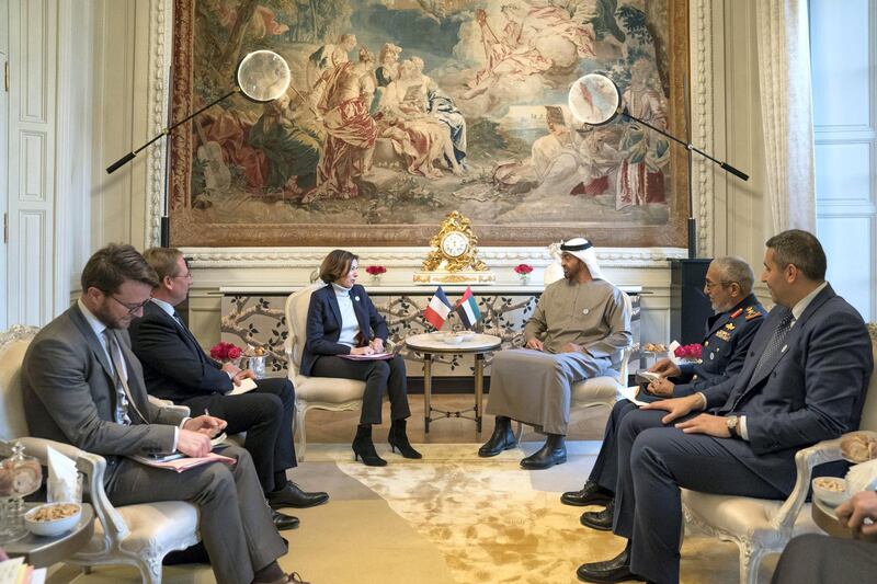 PARIS, FRANCE -November 21, 2018: HH Sheikh Mohamed bin Zayed Al Nahyan, Crown Prince of Abu Dhabi and Deputy Supreme Commander of the UAE Armed Forces (3rd R), meets with HE Florence Parly, Minister of the Armed Forces of France (4th R), at Paris. Seen with HE Khaldoon Khalifa Al Mubarak, CEO and Managing Director Mubadala, Chairman of the Abu Dhabi Executive Affairs Authority and Abu Dhabi Executive Council Member (R) and HE Major General Essa Saif Al Mazrouei, Deputy Chief of Staff of the UAE Armed Forces (2nd R).

( Mohamed Al Hammadi / Ministry of Presidential Affairs )
---