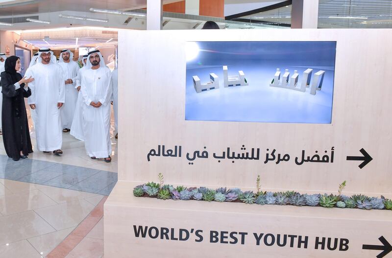 Sheikh Mohammed bin Rashid, Sheikh Mohammed bin Zayed, and Mohammed Al Gergawi are led into the Youth Hub by Shamma Al Mazrui. Wam