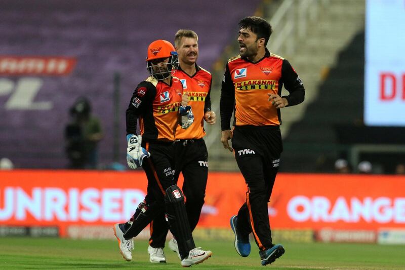 Rashid Khan of Sunrisers Hyderabad celebrates the wicket of Marcus Stoinis of Delhi Capitals during the qualifier 2 match of season 13 of the Dream 11 Indian Premier League (IPL) between the Delhi Capitals and the Sunrisers Hyderabad at the Sheikh Zayed Stadium, Abu Dhabi in the United Arab Emirates on the 8th November 2020.  Photo by: Vipin Pawar  / Sportzpics for BCCI