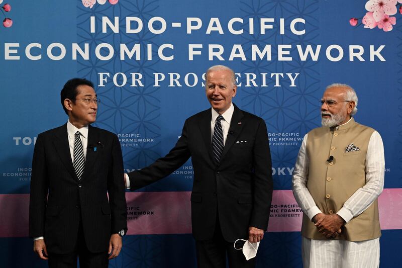 Japan's Prime Minister Fumio Kishida, US President Joe Biden and India's Prime Minister Narendra Modi attend the Indo-Pacific Economic Framework in Tokyo. AFP