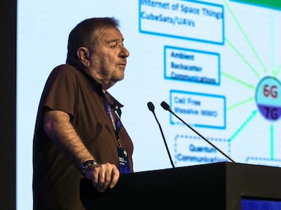 Ian Akyildiz, an advisory board member at Abu Dhabi's Technology Innovation Institute, addresses delegates at the Abu Dhabi 6G Summit on Thursday. Victor Besa / The National