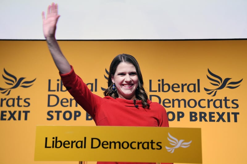 epa07733696 New leader of the Liberal Democratic Party Jo Swinson delivers a speech during the Liberal Democratic Party leadership announcement in London, Britain, 22 July 2019. Swinson has become the first female Liberal Democrat leader after defeating Sir Ed Davey.  EPA/ANDY RAIN