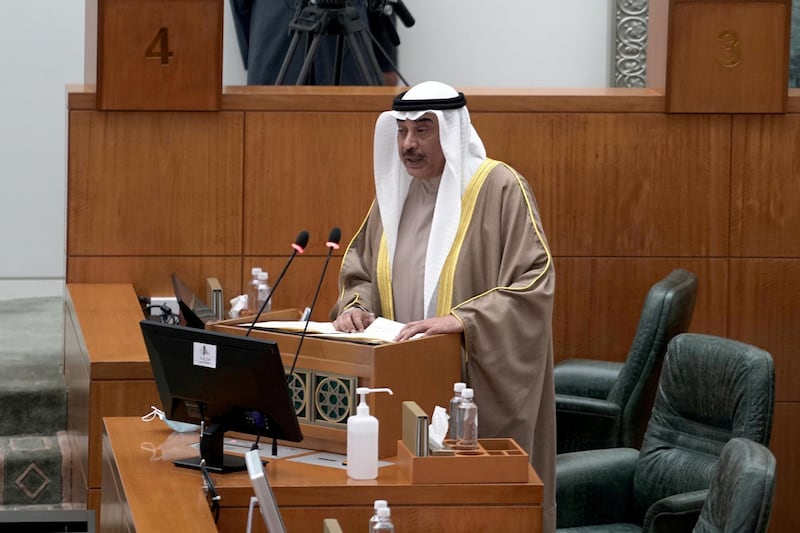 FILE PHOTO: Kuwait's Prime Minister Sheikh Sabah al-Khalid al-Sabah speaks at the first parliament session held after elections, in Kuwait City, Kuwait December 15, 2020. REUTERS/Stephanie McGehee/File Photo