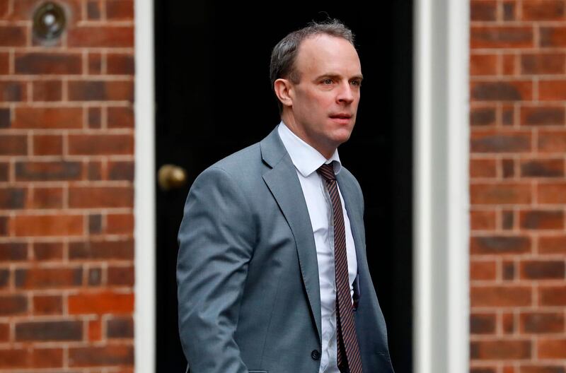 Britain's Foreign Secretary and First Secretary of State Dominic Raab arrives at 10 Downing Street in central London on February 13, 2020.  Britain's prime minister revamped his top team on February 13 in his first cabinet reshuffle since taking Britain out of the European Union.
 / AFP / Tolga AKMEN
