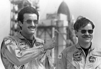 Saudi Prince Sultan bin Salman, left, in 1985 became the first Arab in space when he was part of the crew onboard Nasa's Discovery space shuttle. AP
