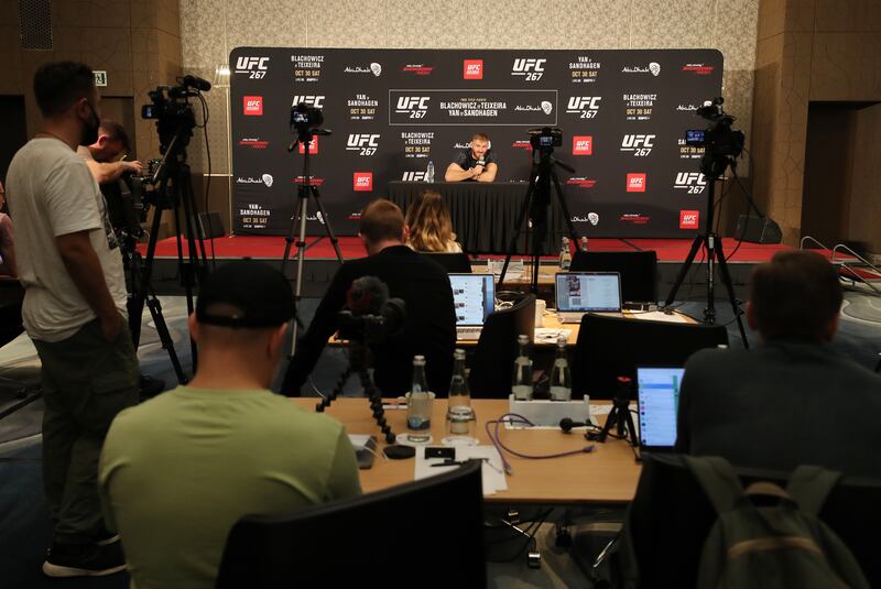 Jan Blachowicz speaks to the media.