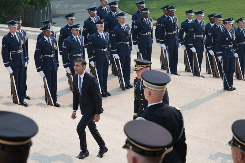 Rishi Sunak arrives at the Tomb of the Unknown Solider to place a wreath at Arlington National Cemetery in Arlington, Virginia.  AFP