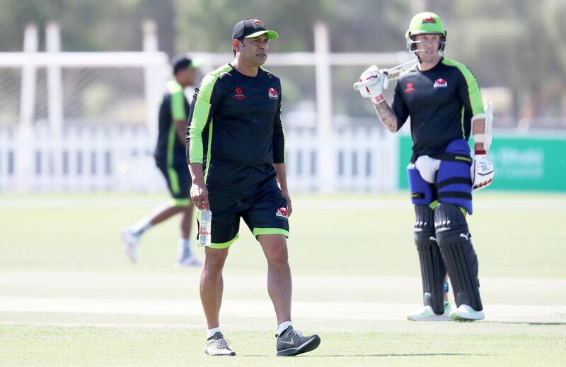 ABU DHABI, UNITED ARAB EMIRATES , Nov 13  – 2019 :- Aqib Javed , coach of  Qalandars T10 cricket team during the training session held at Sheikh Zayed Cricket Stadium in Abu Dhabi. ( Pawan Singh / The National )  For Sports. Story by Paul