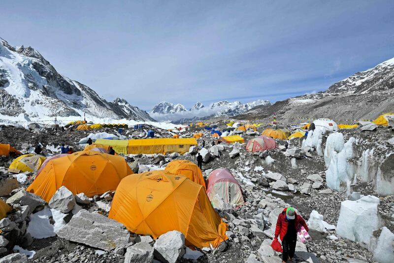 Mountaineers reach the Everest base camp in the Solukhumbu district. AFP