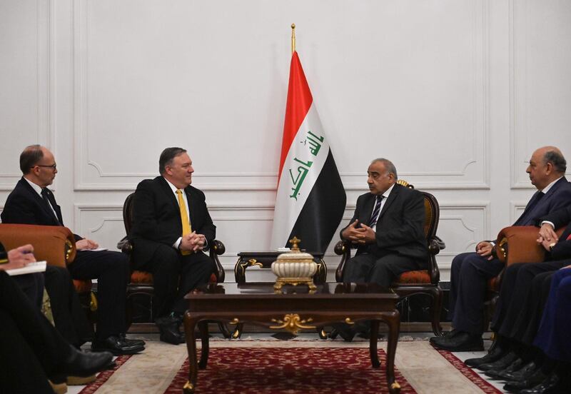 US Secretary of State Mike Pompeo talks with Iraqi Prime Minister Adil Abdul Mahdi in Baghdad. AFP Photo