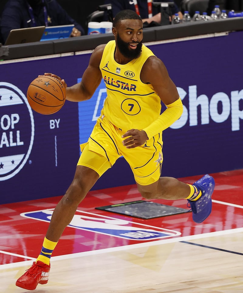 Team LeBron's Jaylen Brown carries the ball up court. EPA