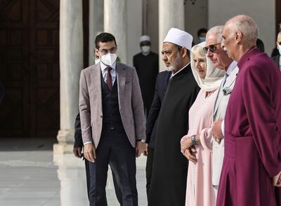 Britain’s Prince Charles and his wife Camilla visit the Al Azhar Mosque, the oldest Sunni institution in the Muslim world, with the Grand Imam of Al Azhar, Ahmed Al Tayeb (L) and the Archbishop of the Anglican Province of Alexandria, Samy Fawzy. AP
