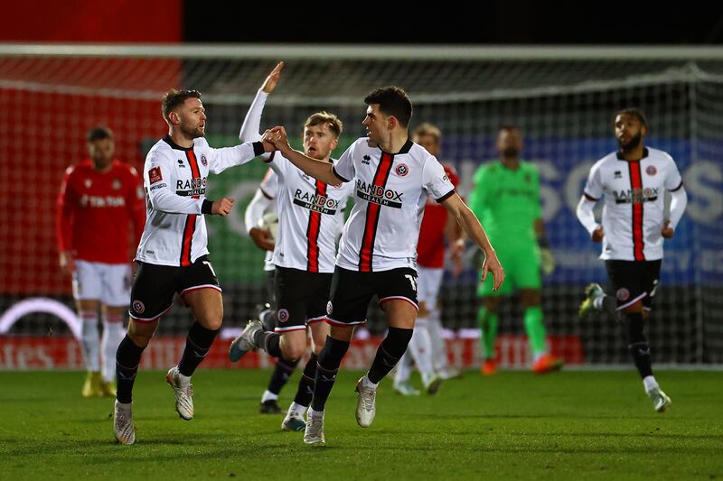 Oliver Norwood of Sheffield United celebrates after scoring their second goal. Getty