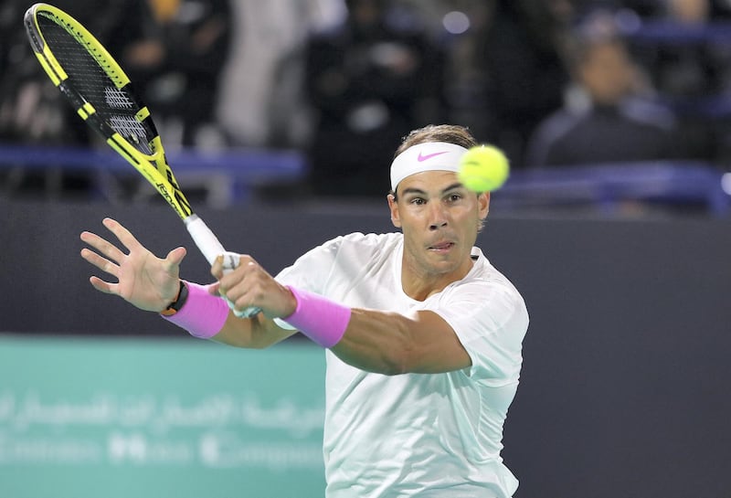 Abu Dhabi, United Arab Emirates - Reporter: Jon Turner: Rafael Nadal plays a shot during the final between Rafael Nadal v Stefanos Tsitsipas at the Mubadala World Tennis Championship. Saturday, December 21st, 2019. Zayed Sports City, Abu Dhabi. Chris Whiteoak / The National