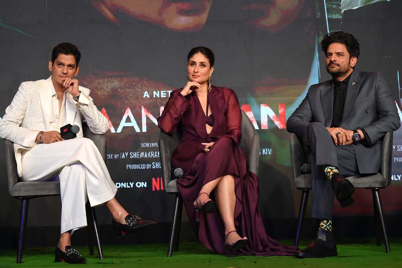 (L-R) Bollywood actors Vijay Varma, Kareena Kapoor Khan and Jaideep Ahlawat attend the trailer launch of their upcoming Hindi-language movie 'Jaane Jaan' in Mumbai on September 5, 2023. AFP