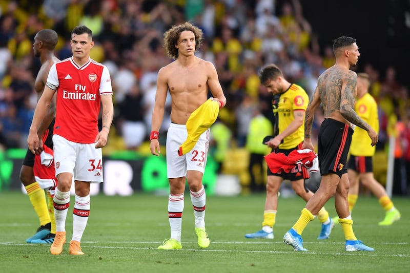 Arsenal's Brazilian defender David Luiz reacts at the final whistle. EPA