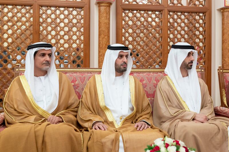 From left, Ali Al Shamsi, deputy secretary general of the Supreme National Security Council; Sheikh Mohamed bin Hamad, private affairs adviser at the Presidential Court; and Sheikh Hamdan bin Mohamed attend a meeting with Sultan Haitham. Photo: UAE Presidential Court 