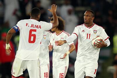 epa07263901 Ahmed Khalil (R) celebrates after scoring an equalizer during the 2019 AFC Asian Cup group A preliminary round match between UAE and Bahrain in Abu Dhabi, United Arab Emirates, 05 January 2019.  EPA/MAHMOUD KHALED