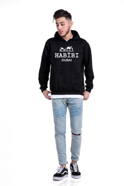A hoodie with the words Habibi Dubai by Kanzeh