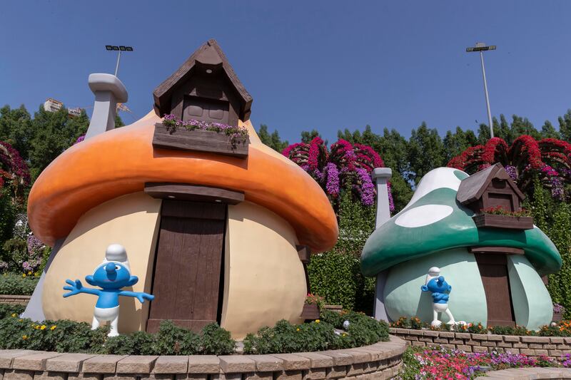 Life-size mushroom houses were part of Smurfs Village in Dubai Miracle Garden.