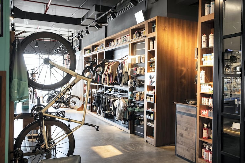 DUBAI, UNITED ARAB EMIRATES. 13 OCTOBER 2020. A first look at the Dubai-based cycling shop called Pedalm located in Ras Al Khor. The shop specialises in equipment for cyclists with a focus on building high end custom bicycles for clients to meet their indvidual need. The outlet also doubles as a cafe with organic coffee and food specially made on site for patrons. (Photo: Antonie Robertson/The National) Journalist: Janice Rodrigues Section: National.

