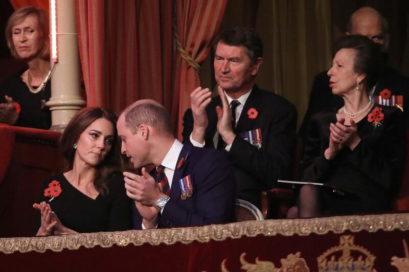 Britain's Prince William, Duke of Cambridge and Catherine, Duchess of Cambridge, attend the Royal British Legion Festival of Remembrance to commemorate all those who have lost their lives in conflicts and mark 100 years since the end of the First World War, at the Royal Albert Hall, London. Chris Jackson / Pool Photo via Reuters