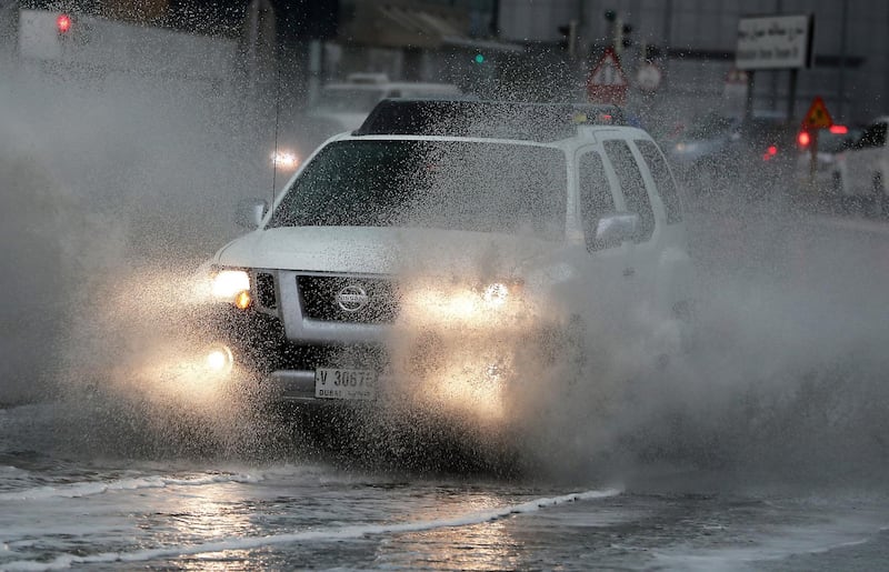 DUBAI, UNITED ARAB EMIRATES , Nov 10  – 2019 :- Traffic going through water logged street after heavy rain in Dubai Internet City in Dubai. ( Pawan Singh / The National )  For News