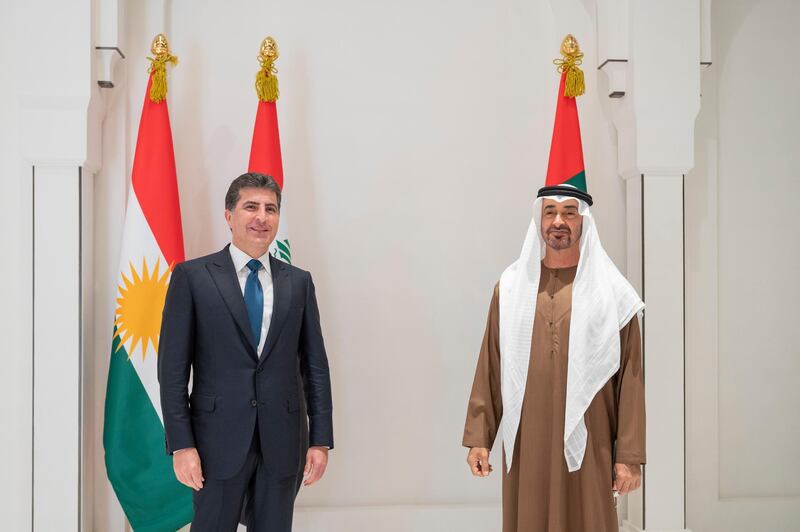 ABU DHABI, UNITED ARAB EMIRATES - June 12, 2021: HH Sheikh Mohamed bin Zayed Al Nahyan, Crown Prince of Abu Dhabi and Deputy Supreme Commander of the UAE Armed Forces (R) stands for a photograph with HE Nechirvan Barzani, President of the Kurdistan Region in Iraq (L), prior a meeting at Al Shati Palace.

( Mohamed Al Hammadi / Ministry of Presidential Affairs )
---