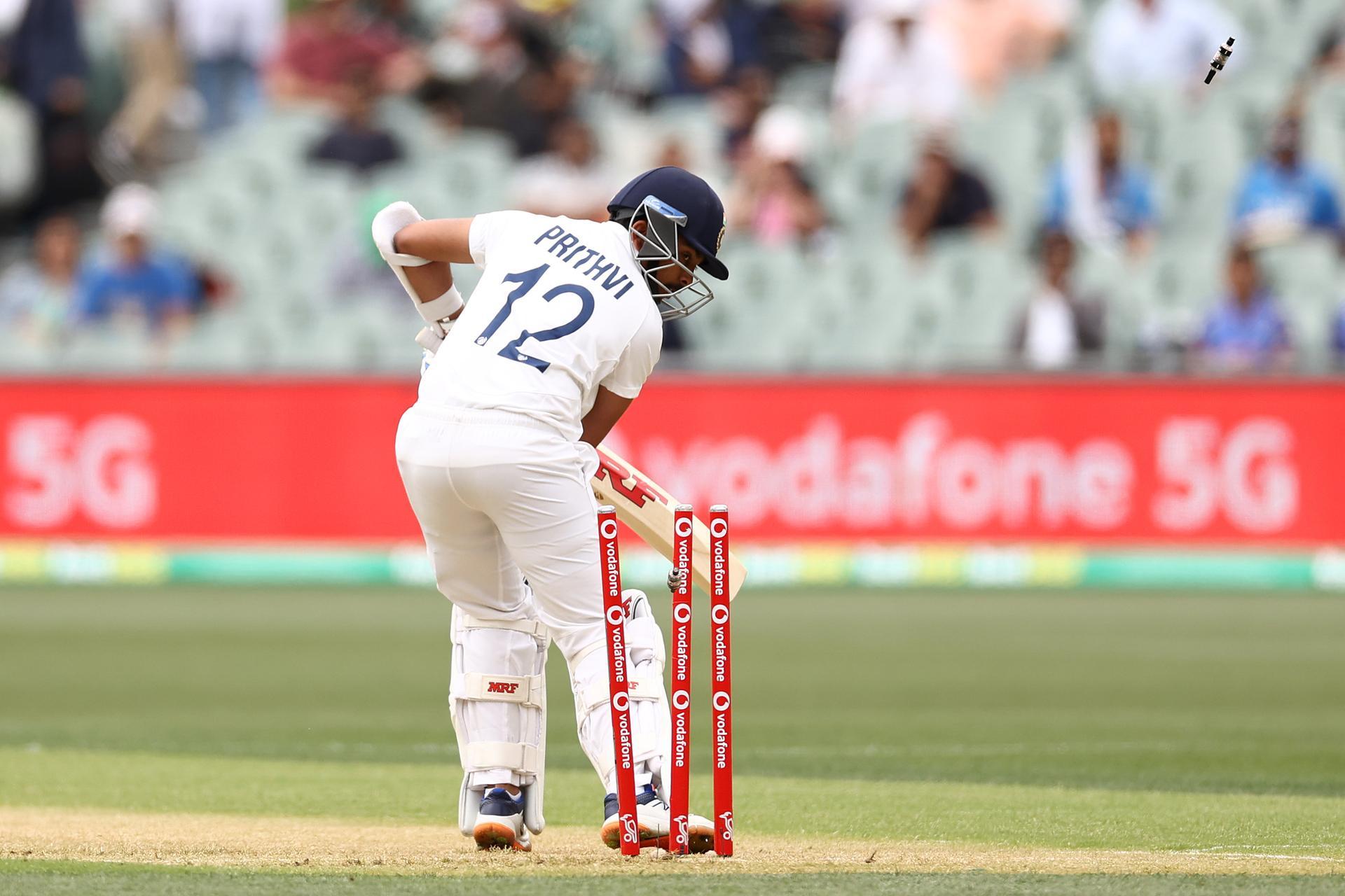 ADELAIDE, AUSTRALIA - DECEMBER 17: Prithvi Shaw of India is bowled by Mitchell Starc of Australia for a duck during day one of the First Test match between Australia and India at Adelaide Oval on December 17, 2020 in Adelaide, Australia. (Photo by Ryan Pierse/Getty Images)