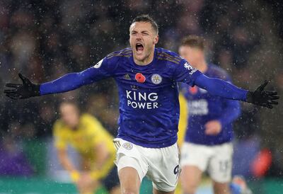 Leicester City's Jamie Vardy celebrates scoring his side's first goal of the game during the Premier League match at the King Power Stadium, Leicester. PA Photo. Picture date: Saturday November 9, 2019. See PA story SOCCER Leicester. Photo credit should read: Nick Potts/PA Wire. RESTRICTIONS: EDITORIAL USE ONLY No use with unauthorised audio, video, data, fixture lists, club/league logos or "live" services. Online in-match use limited to 120 images, no video emulation. No use in betting, games or single club/league/player publications.