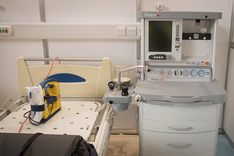 A hospital bed and respirator at the NHS Nightingale hospital. Getty